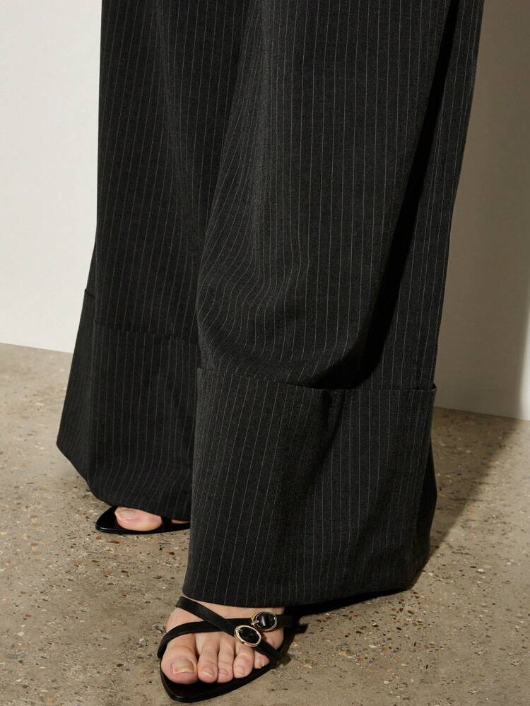 Pinstripe Wide Leg Turn Hem Trousers