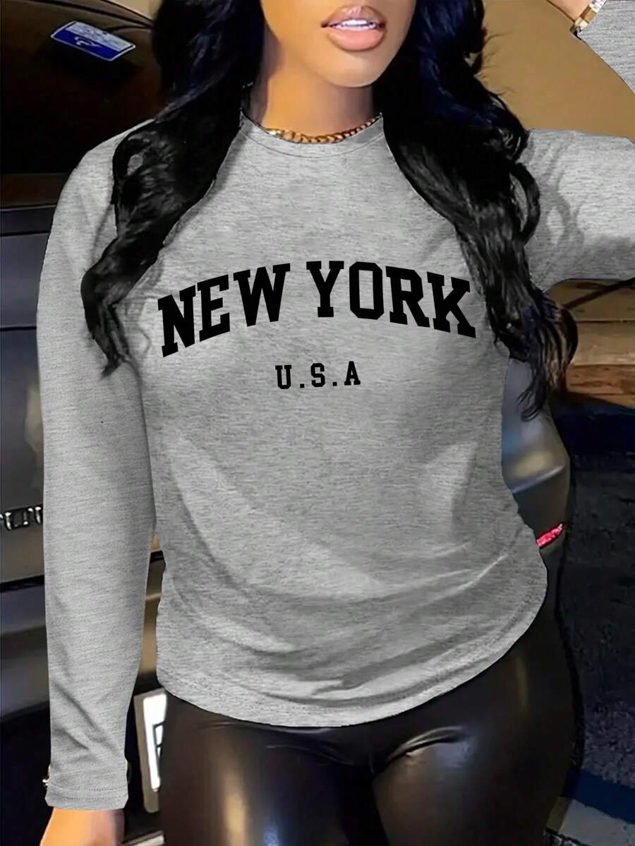INAWLY Women's Round Neck Long Sleeve Letter Print Casual T-Shirt Fall Cloth For Women - Grey - View 1