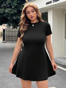 Muchica Plus Size Black Short Sleeve Round Neck A-Line Short Dress, Spring/Summer - Black - View 6