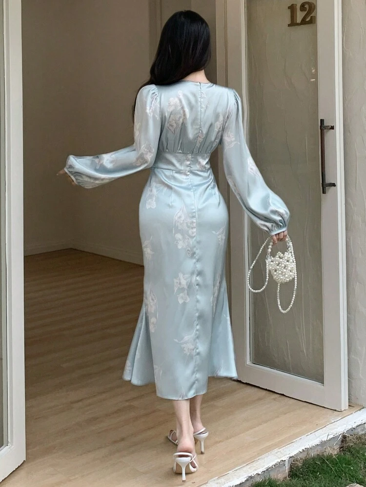 Full Floral Print V-Neck Puff Sleeve Mid-Length Dress For Women Elegant,Formal Women Dresses,Fall Dress Long Sleeve Dress Maxi Dress
