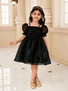 SHEIN Glamorique Kids Young Girl Solid Color Mesh Panel Short Sleeve Casual Dress