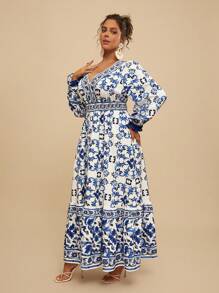 SHEIN TRVLCHIC Đầm dài tay cổ chữ V in họa tiết thường ngày cho kỳ nghỉ cỡ lớn dành cho nữ - Xanh và trắng - Xem 6