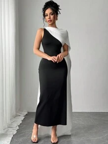 Firerie Women's Elegant Simple Exquisite Romantic Black & White Color Block Asymmetrical Neck Bodycon Dress, Suitable For Dates, Parties, Balls For Valentine's Day