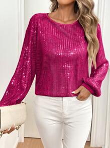 SHEIN Clasi Women's Party Elegant Sequin Lantern Sleeve Crew Neck Long Sleeve Blouse, Autumn & Winter For Holiday Party Clothes
