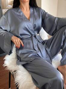 DAZY Lightweight Satin Belted Robe & Pants Sleepwear Pajama Set, Minimalist & Elegant, Spring/Summer, Fall Winter Clothes Pajama - Blue - View 5