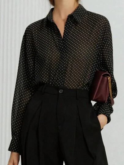 Aveloria Modichic Minimalistisk, allsidig och mångsidig svartvit chiffongblus med prickar och långärmad krage, lämplig för vår och sommar