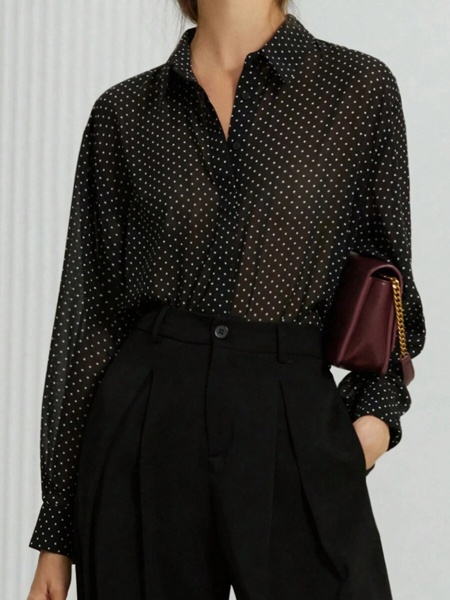 Aveloria Modichic Classic Black & White Polka Dot Chiffon Sheer Collared Long Sleeve Shirt For Women, Versatile For Spring & Summer Valentine's Day Fall Cloth For Women - Multicolor - View 1