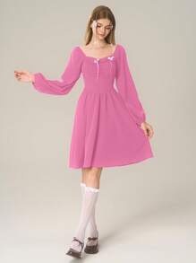 Teen Girl Pink Christmas Puff Sleeve Mini Dress - Pink - View 2