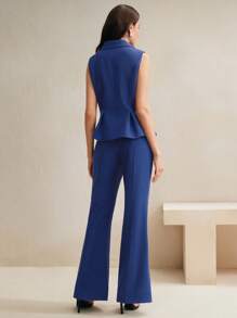 Anewsta 女士无袖翻领不对称西装外套和阔腿裤两件套，夏季新年装 - 藍色 - 查看 2