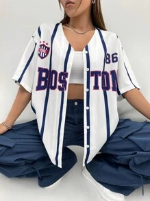 Coolane Women's Sport Letter Graphic Striped Drop Shoulder Baseball Jersey Shirt