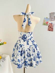 Soleia Sommerliches romantisches Blumen Muster Neckholder Minikleid mit Schleife, offener Rückseite, taillierter Taille und Prinzessin-Stil für Damen