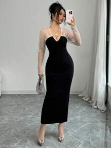 Elenzga Elegant V-Neck Sleeve Splicing Mesh Dress, Party Dresses For Women, Suitable For Parties, Vacation