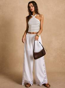 Poéselle Gestreiftes Muster Halfter-Top Strickware, Schwarz & Weiß, Boho-Stil, Sommer-Saison - Khaki - Übersicht 2