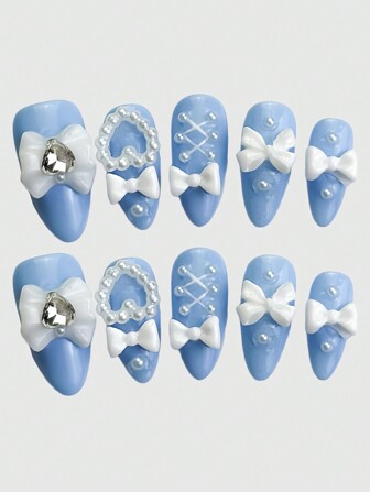 Anime 10 pezzi di unghie finte a forma di cuore dolce e fiocco con nappina, con 1 pezzo di nastro biadesivo, unghie finte