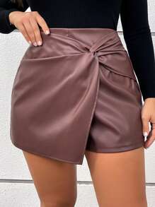 SHEIN LUNE Plus Size Women's Black PU Casual Twist Design Shorts, Autumn Winter Party Women Dresses