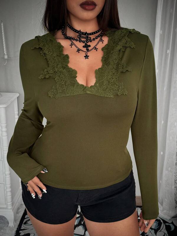 Flirla Tricou cu mânecă lungă cu hanocă verde măsline pentru femei, mature și sexy, cu garnitură din dantelă, strat de bază, pentru toamnă/iarnă