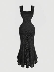 SHEIN MOD Apricot Asymmetrical Hem Ruched Side Flocked Fabric Wide Strap Dress - Black - View 2