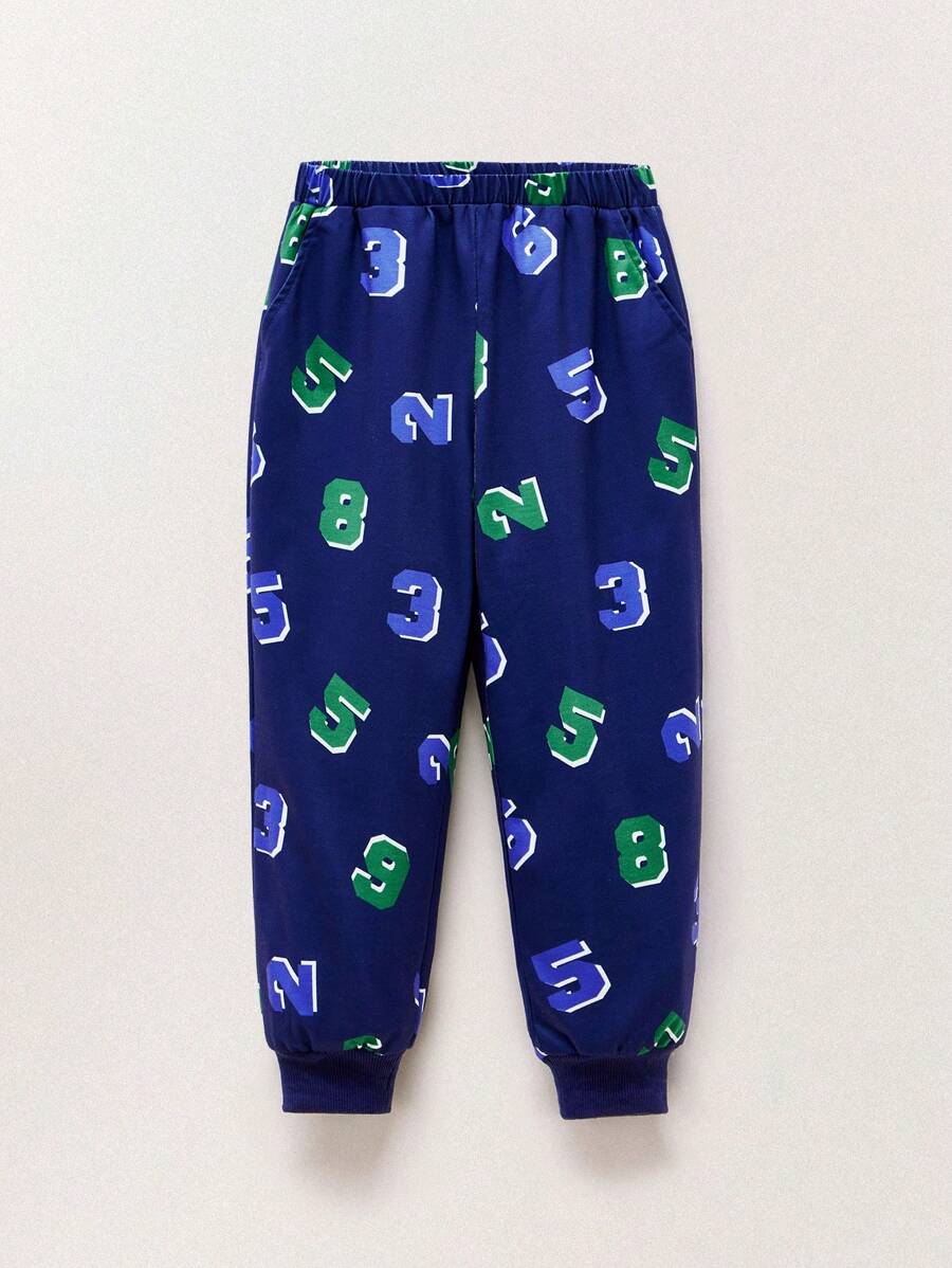 THE HAPPY LOOK Young Boys Cute Letter Print Blue Knitted Elastic Waist Cuffed Casual Sweatpants, Sports Style - Blue - View 1