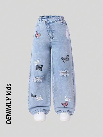 SHEIN Sparklyn Tween Girls Asymmetric Waist Butterfly Print Loose Comfortable Light Blue Denim Wide Leg Pants, School, Campus, College Summer Holiday
