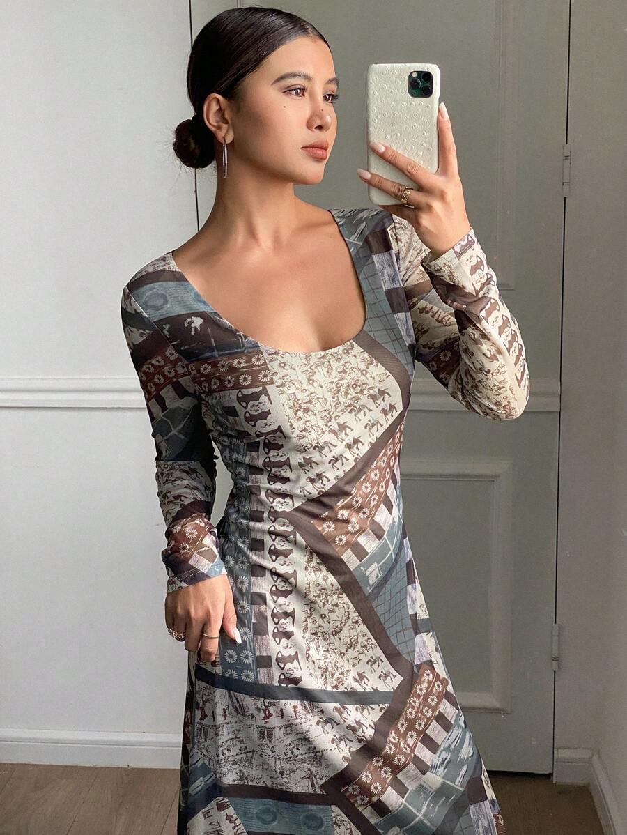 DAZY Vestido de manga larga con estampado floral de estilo bohemio casual para vacaciones, ropa de primavera/verano y otoño para mujeres