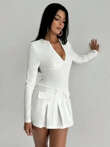 Aloruh Women's Long Sleeve Mini Dress With Front Neck Opening - White - View 5