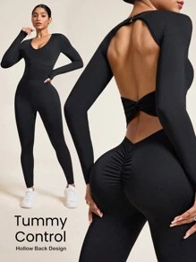 Slayform Solid Color Backless Fitted Seamless Sports Jumpsuit - Black - View 1