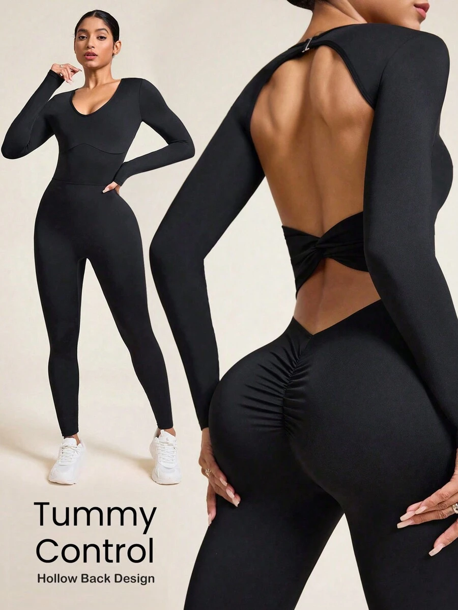 Slayform Solid Color Backless Fitted Seamless Sports Jumpsuit - Black - View 1