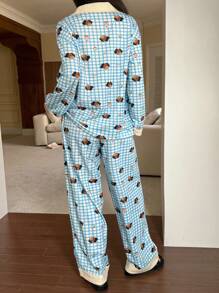 DAZY 女士卡通格子印花宽松两件套睡衣套装 - 藍色 - 查看 2