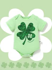 SHEIN Baby Girl Green Summer Casual Holiday Bodysuit,Cute Clover Print Crew Neck Short Sleeve Soft Knit Romper For St. Patrick's Day,Daily Wear,Festivals - Green - View 3