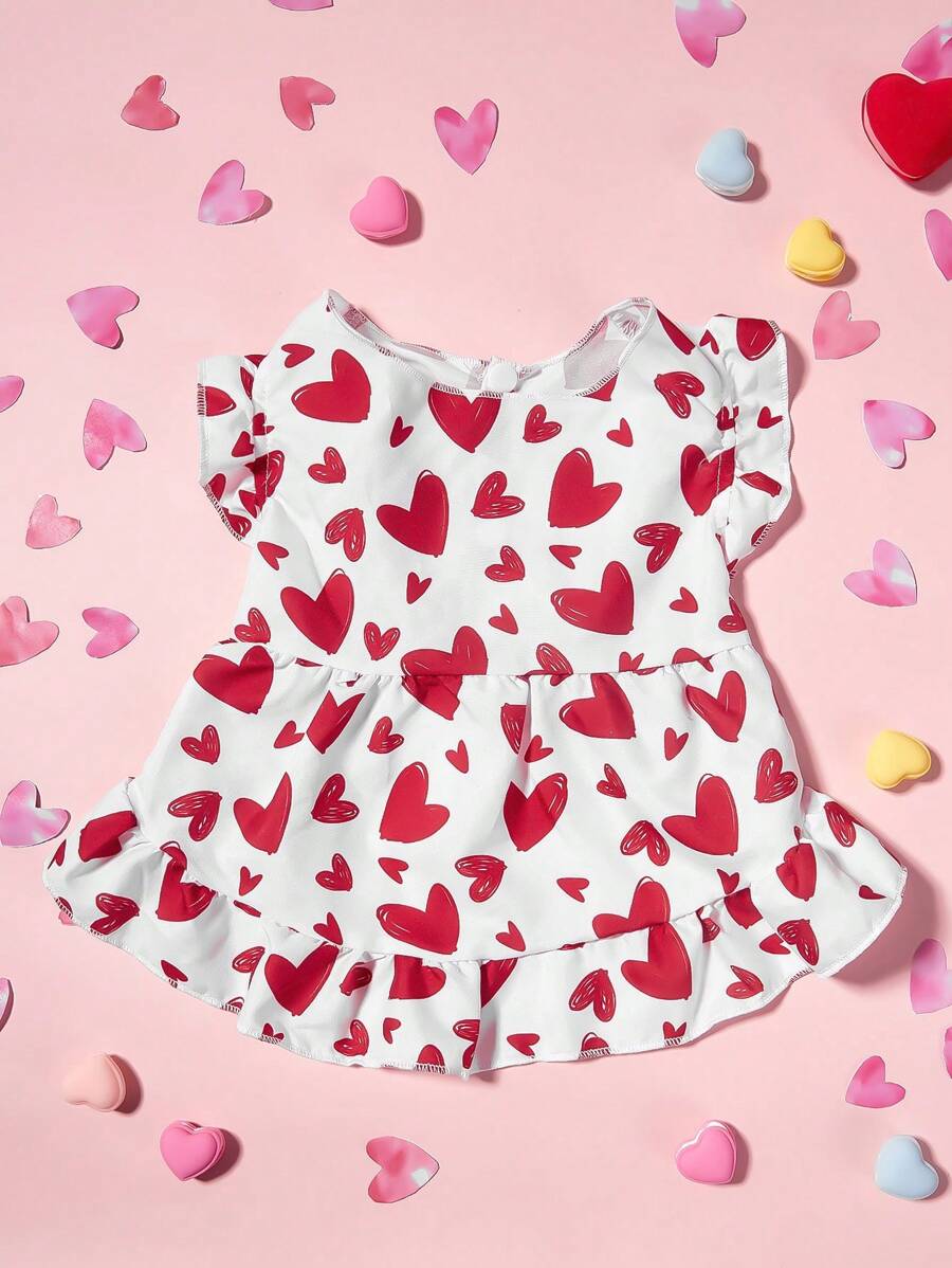 PETSIN 1 buah Gaun Hewan Peliharaan untuk Hari Valentine, Motif Hati Merah, Lengan Pendek Berkerut, Kancing Depan, Cocok untuk Semua Anjing - MultiWarna - View 1