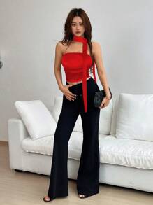 Almamuse Top bandeau con volantes color rojo sólido con bufanda para mujer - Rojo - Ver 3
