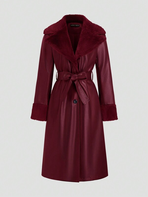 Sweetra Full-Length Fluffy & PU Leather Splicing Trench Coat, Solid Color