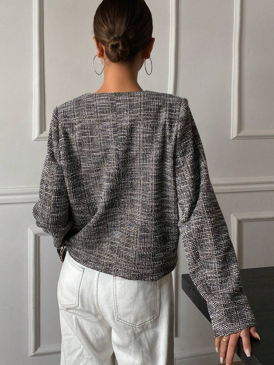 Oversized V-Neck Long Sleeve Plaid Single-Breasted Women Jacket,Fall Clothes