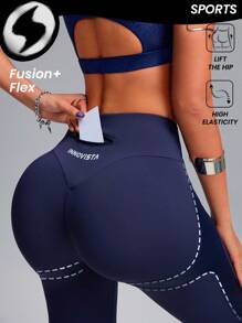 Innovista 女士深蓝色拼接仿皮高腰弹力运动紧身裤，带口袋，适合健身房锻炼、日常休闲、跑步、骑行、瑜伽等运动，是秋冬季女装的理想之选。清爽浅蓝色 - 藏蓝色 - 查看 4