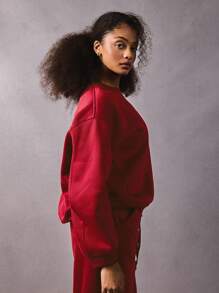 Athîral 1pc Women Casual Solid Color Round Neck Sweatshirt, Autumn/Winter - Red - View 3