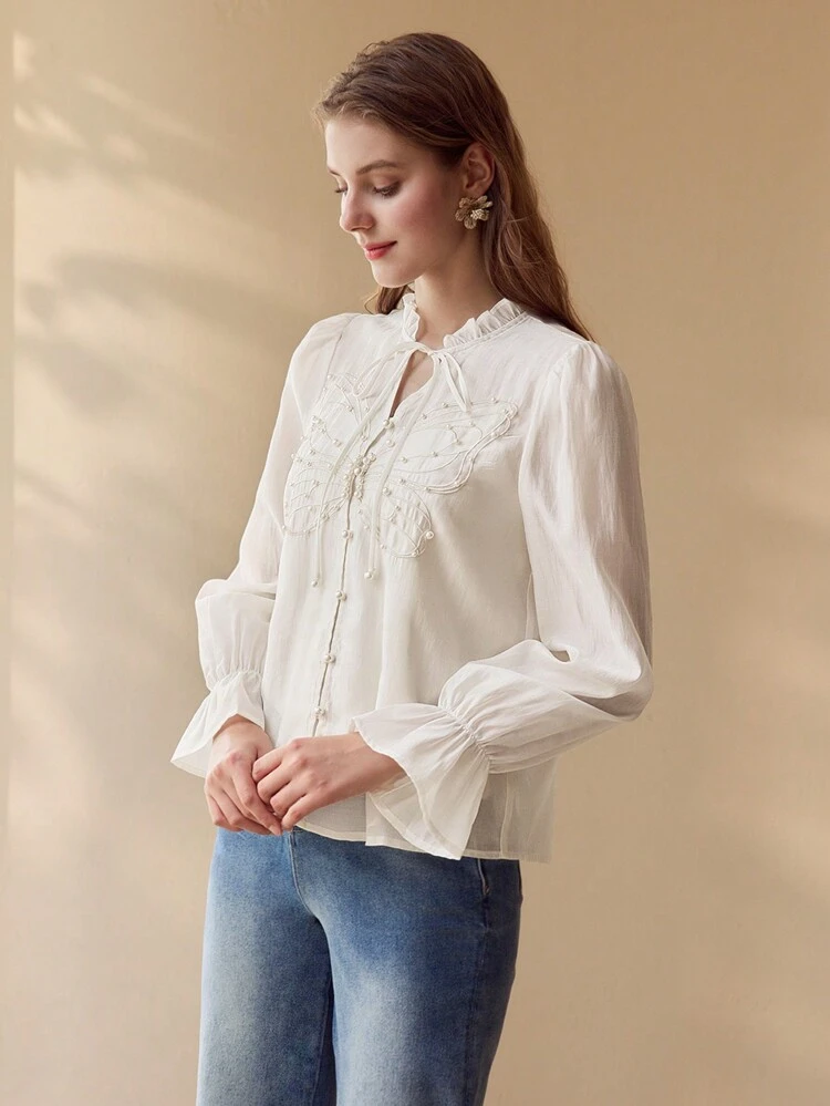 FAUX PEARL BUTTERFLY EMBROIDERY TIE NECK BLOUSE
