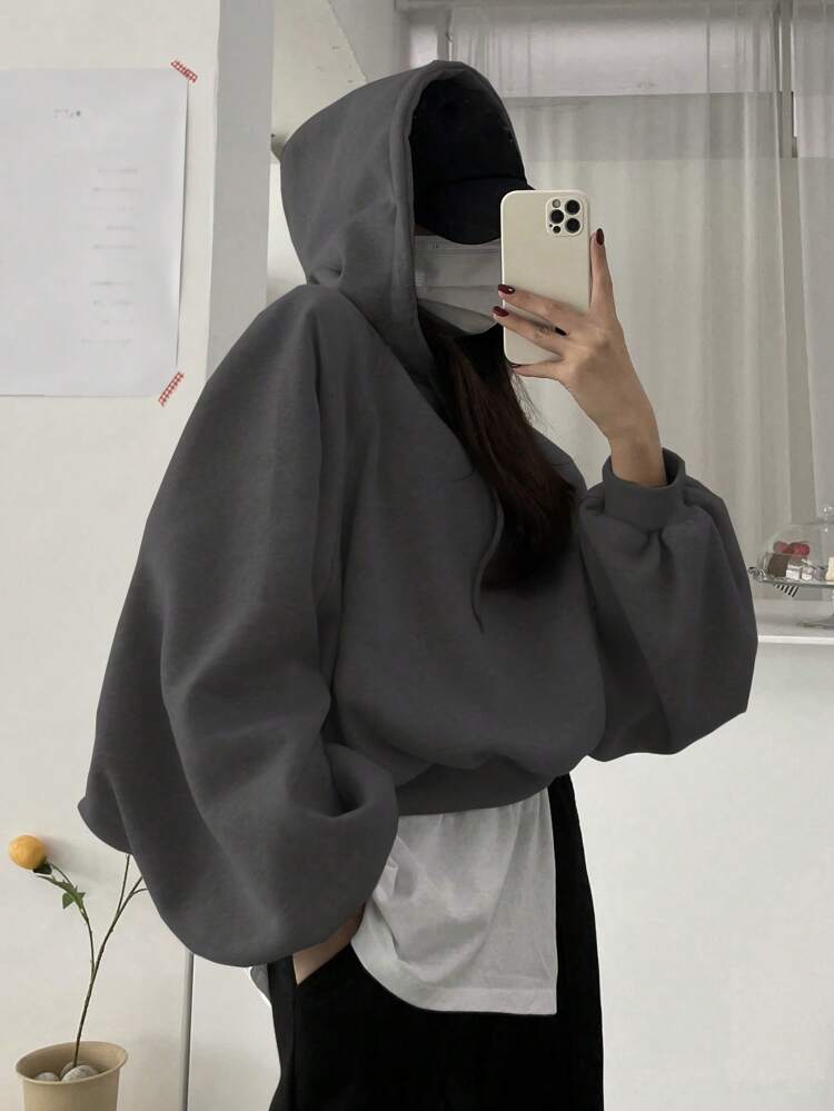 Women Solid Color Oversized Crop Hoodie,Fall Clothes Sweatshirt