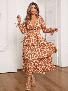 SHEIN VCAY Vestido con top acampanado de manga larga con escote en V con estampado de corazones de animales y estampado de leopardo, falda de volantes, adecuado para vacaciones, playa, fiesta, San Valentín, Año Nuevo, citas románticas, estilo bohemio occidental, talla grande - Multicolor - Ver 3