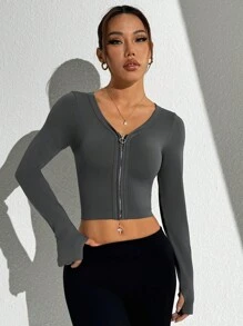 Easithlete Women's Solid Color Long Sleeve Zip Front Cropped Athletic Jacket - Grey - View 5