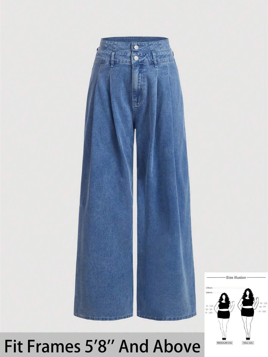 SHEIN Tall CURVE 大码女式双腰带设计宽松蓝色牛仔裤