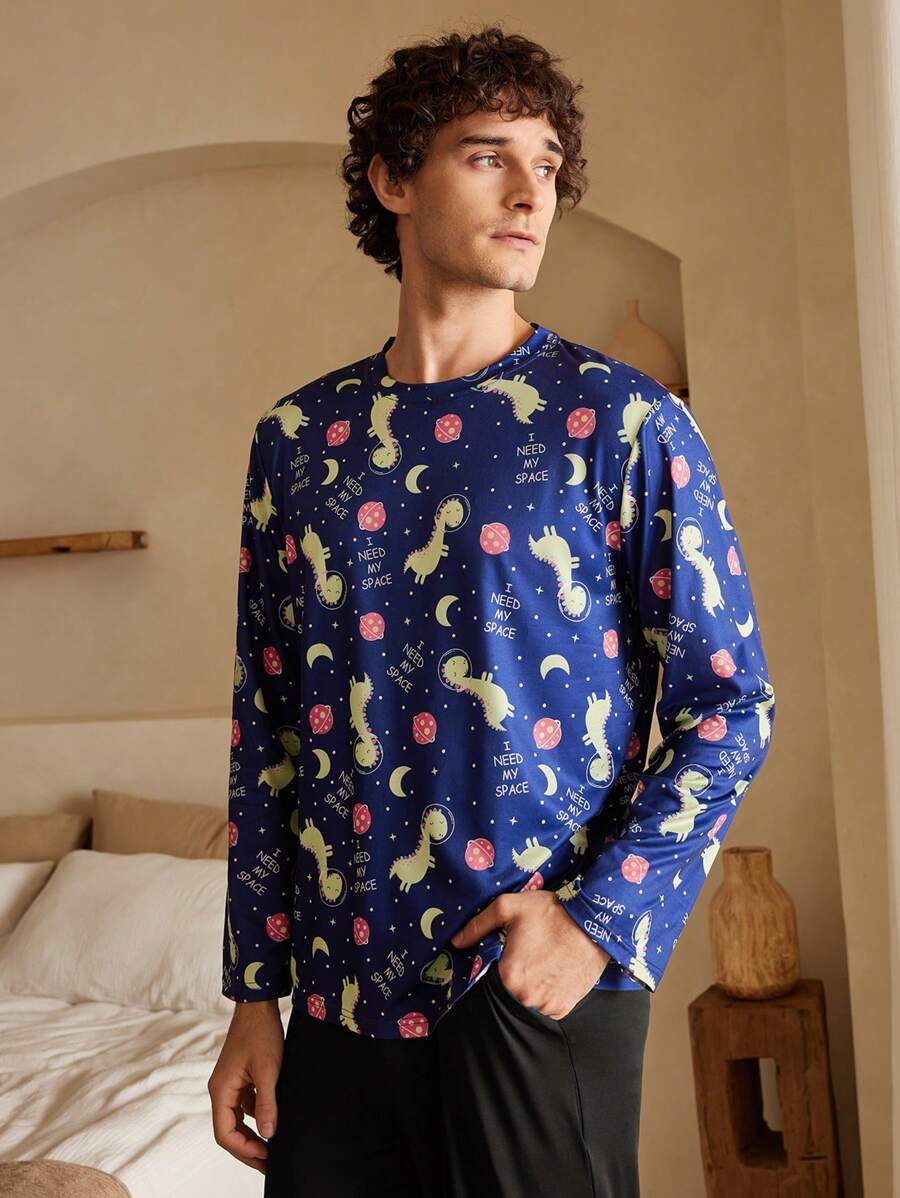 Men's Long Sleeve Casual Pajama Top, Minimalist And Fashion For Daily Wear - Blue - View 1