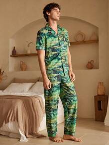 Manfinity ChillVibe Men's Tie Dye Print Single-Breasted Short Sleeve Top And Pants Pajama Set - Green - View 7