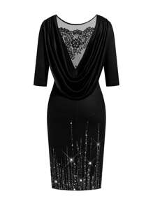 Gownix Vestido de fiesta de mujer elegante de encaje y parches, ajustado al Body, adecuado para boda/evento, verano - Negro - Ver 4