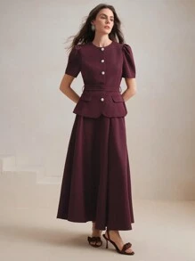 Anewsta Conjunto de vestido de línea A de manga abullonada y cintura ceñida, elegante para ir al trabajo y moderno para el verano, Año Nuevo, Día de San Valentín