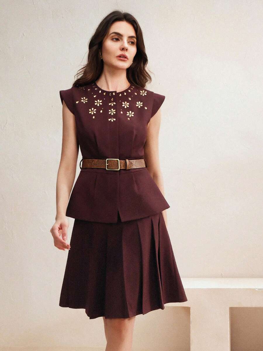 Anewsta 优雅腰带褶皱盖袖水晶缀饰两件套裙子套装，情人节，夏季，新年 - 巧克力棕 - 查看 1