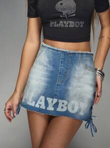 Missguided x Playboy Women Waist Frayed Hem Short Denim Mini Skirt