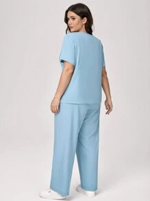 TaskEZ Plus Size Solid Color Short Sleeve Top & Pants Scrub Uniform Set - Green - View 7