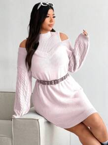Flirla Popular Plus Size Women Batwing Sleeve Cozy Soft Gray Knit Turtleneck Asymmetric Sweater Dress, Sexy Details For Winter