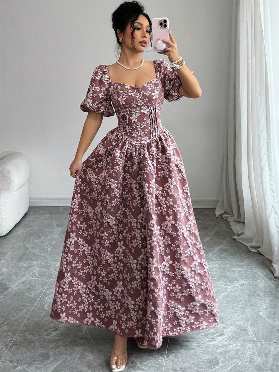 Modelyn Váy chữ A tay xẻ eo dệt jacquard thanh lịch cho nữ - Hồng - Xem 1