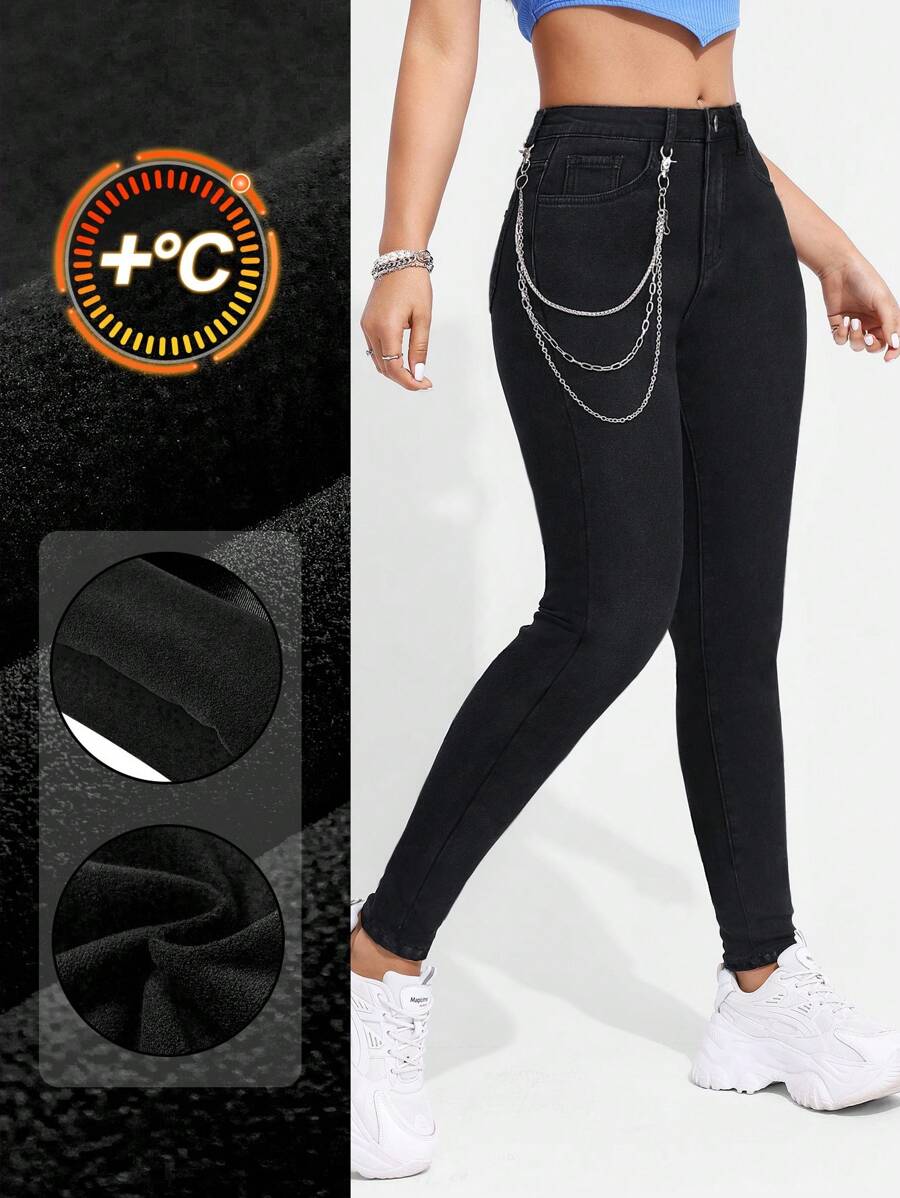 SHEIN Essnce Quần dài thường ngày có túi trước cài nút cho nữ, mặc hàng ngày - màu đen - Xem 1